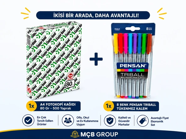 Copierbond A4 Fotokopi Kağıdı 80 gr 500 Yaprak + Pensan Triball 8 Renk Tükenmez Kalem Avantajlı Ofis Okul Seti ürün görseli 1