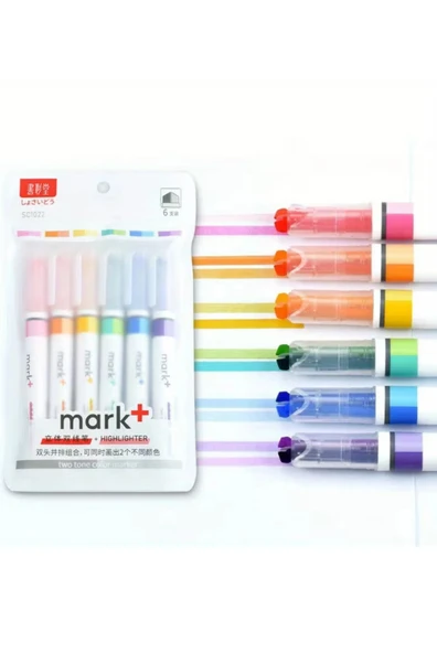 Aynı Anda İki Renk Fosforlu Çift Uç 12 Renk Highlighter Kalem Seti Marker 6'lı ürün görseli 1