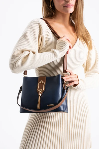 Sedef çanta SS 1438 Gold Detaylı 3 Bölmeli Omuz Ve Çapraz Çanta LACİVERT ürün görseli 1
