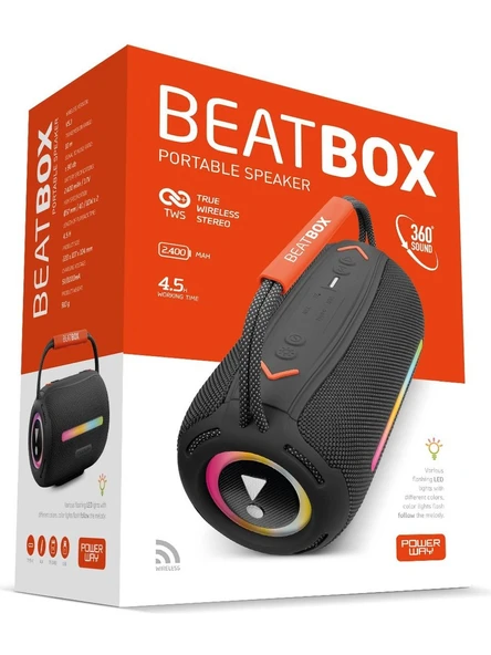 Powerway Beatbox Siyah LED Işıklı Dayanıklı Ses Bombası USB Sd Aux Fm Radyo Bluetooh Hoparlör ürün görseli 1