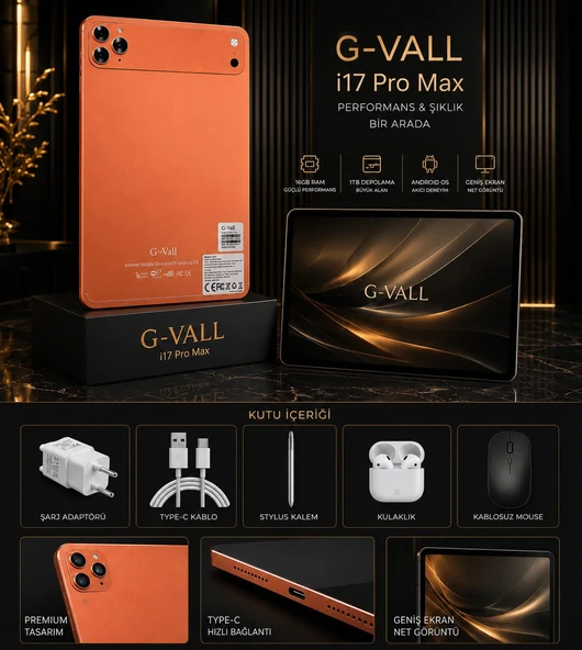 G-VALL i17 PRO MAX TABLET 512  DEPOLAMA 32 GB RAM KLAVYE + AİRPODS + MOUSE+ KILIF + CAM KORUYUCU + ŞARJ ALETİ + KALEM FULL SET ürün görseli 1