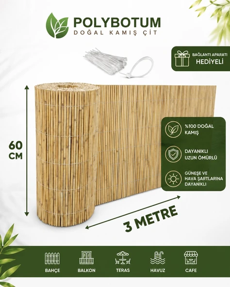 POLYBOTUM Premium Doğal Kamış Hasır Balkon Çiti 60x300 cm | Sık Dokuma | Dayanıklı | Bahçe, Teras ve Balkon İçin Dekoratif Gizlilik Çiti ürün görseli 1