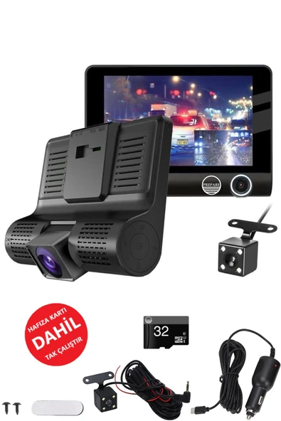 3 Kameralı Araç İç Ön ve Arka Yol Video Kaydedici Sürüş Güvenliği Kamerası G-Sensor 4inç Büyük Ekran ürün görseli 1