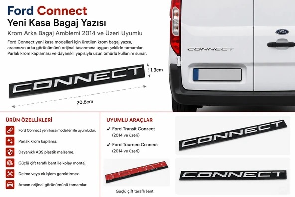 Ford Connect Yeni Kasa Bagaj Yazısı Krom Arka Bagaj Amblemi 2014 ve Üzeri Uyumlu ürün görseli 1