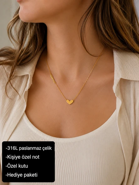 316L Paslanmaz Çelik Kalp ve Love Yazılı Minimal Kadın Kolyesi Hediye Kolye ürün görseli 1