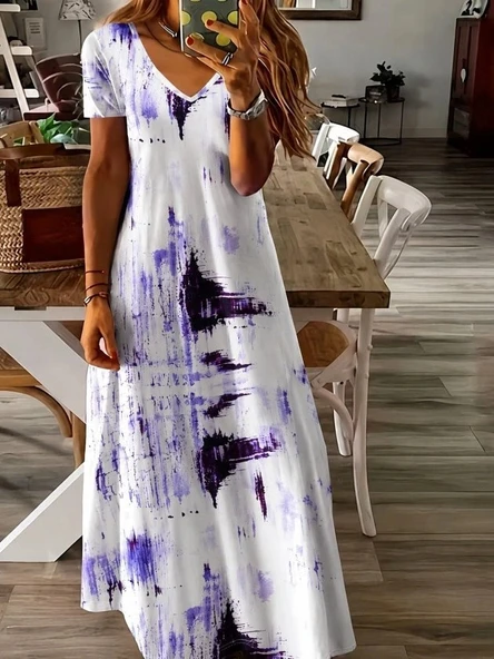 Kadın Kısa Kollu V Yakalı Desenli Uzun Süprem Elbise ürün görseli 1