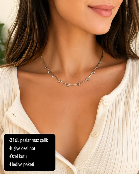 Elanora Işıltılı Zirkon Taşlı 316L Paslanmaz Çelik Choker Kolye – Zarif Kolye ürün görseli 1