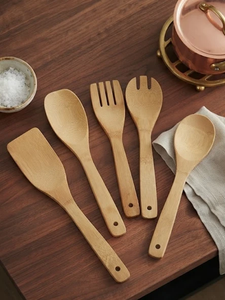 Mucit Home Bambu 5 Parça Yemek Pişirme Servis Spatula Seti Ahşap Spatula Seti Asılabilir ürün görseli 1