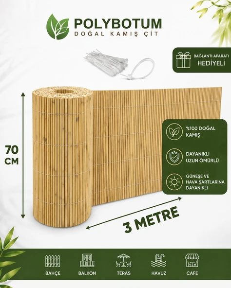 POLYBOTUM Premium Doğal Kamış Hasır Balkon Çiti 70x300 cm | Sık Dokuma | Dayanıklı | Bahçe, Teras ve Balkon İçin Dekoratif Gizlilik Çiti ürün görseli 1