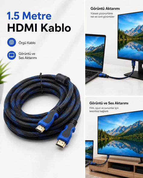 Örgülü HDMI Kablo, Görüntü ve Ses Aktarım Kablosu ürün görseli 1