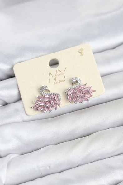 Pembe Zirkon Taşlı Gümüş Swan Kuğu Model Kadın Küpe TJ-BKP11941 ürün görseli 1