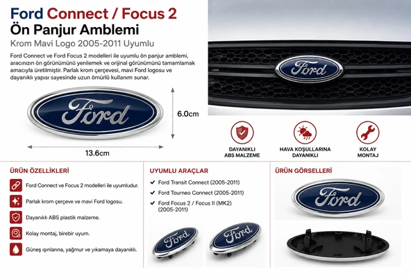 Ford Connect / Focus 2 Ön Panjur Amblemi Krom Mavi Logo 2005-2011 Uyumlu ürün görseli 1