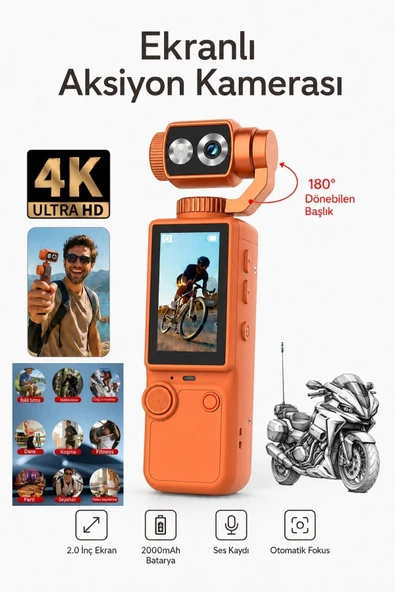 Vlog Kamera 4K Ultra HD Mini Aksiyon Kamerası 2.0 inç Ekranlı Mikrofon Destekli Oto Fokus Özellikli 180° Döner Başlıklı ürün görseli 1