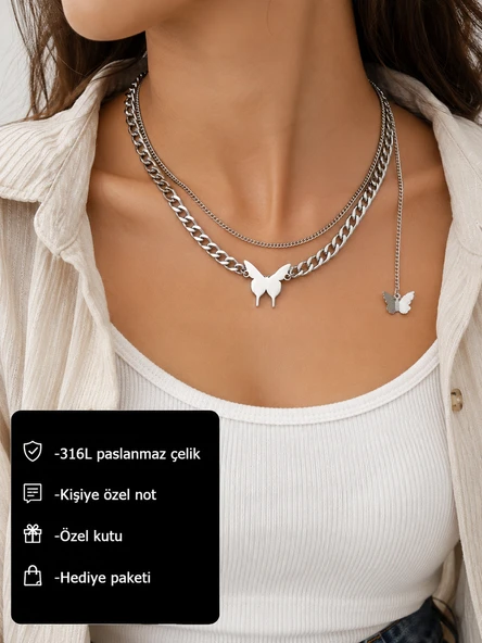 Veloura Butterfly Katmanlı Zincir Kolye – 316L Paslanmaz Çelik Kelebek Hediye ürün görseli 1