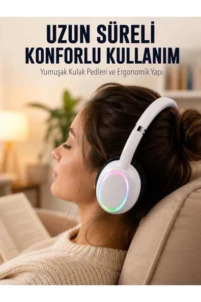 Beyaz Kablosuz Bluetooth Kulaklık Mikrofonlu Ergonomik Kulak Üstü Tasarım - ürün görseli 1