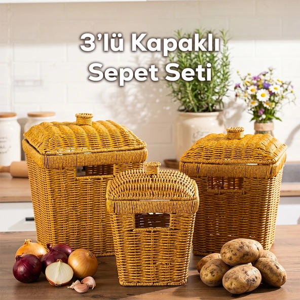 Porsima Pbt-919-2 3lü Hasır Sepet Kapaklı Bambu Sepet seti Dekoratif Banyo Mutfak Düzenleyici Patates Soğan Sepeti Organizeri ürün görseli 1
