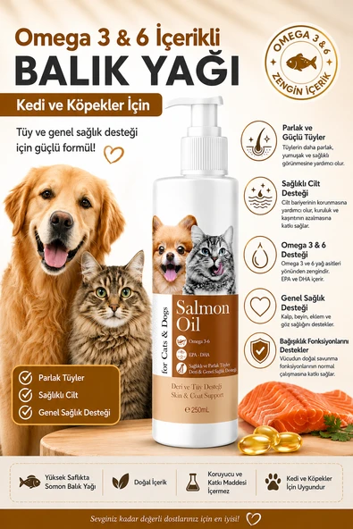 Omega 3 & 6 Somon Balık Yağı 250 ml Kedi ve Köpekler İçin Tüy, Deri, Bağışıklık ve Genel Sağlık Destekleyici ürün görseli 1