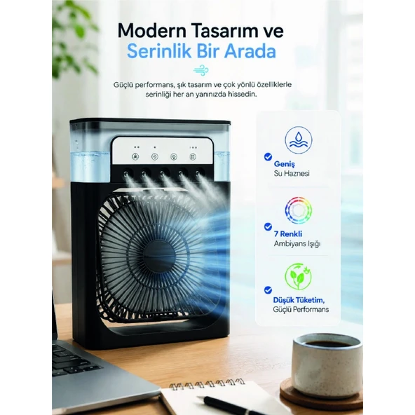 Masaüstü Püskürtmeli Serinletici Fan 5 Sisleme, 3 Fan Hızı, 7 Renk Ambiyans Işığı ürün görseli 1