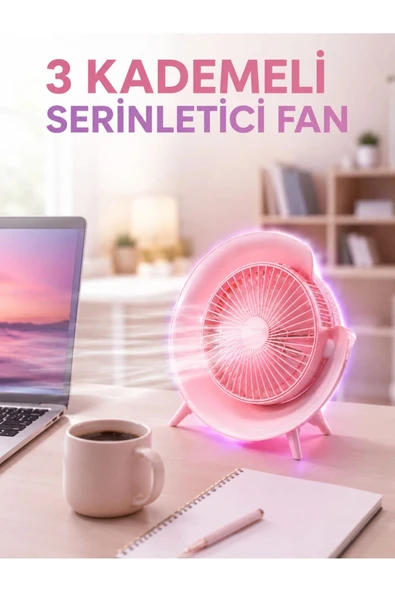 RGB Işıklı 3 Kademeli USB Şarjlı Masaüstü Vantilatör ürün görseli 1