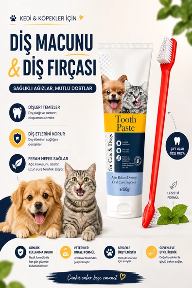 Kedi ve Köpek Diş Macunu 100 GR Çift Taraflı Diş Fırçası Ağız Bakım Seti ürün görseli 1