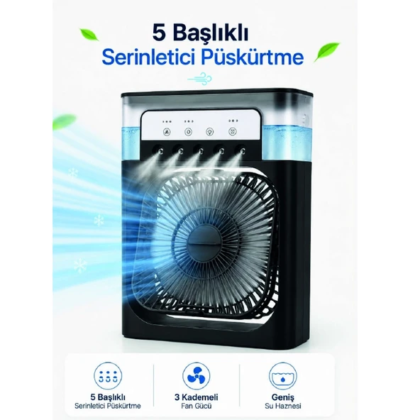 Püskürtmeli Masaüstü Fan 5 Başlıklı Serinletici, 600 ml Su Haznesi, 3 Kademe Fan, Type-C Bağlantı ürün görseli 1