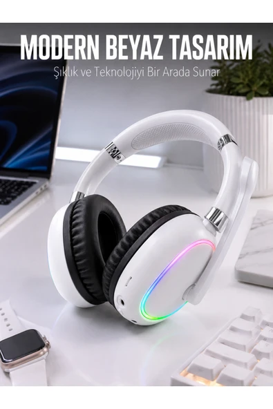 Kablosuz Bluetooth Mikrofonlu Beyaz Kulaklık RGB Işıklı - ürün görseli 1