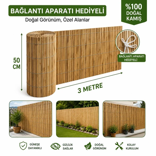 POLYBOTUM Premium Doğal Kamış Hasır Balkon Çiti 50x300 cm | Sık Dokuma | Dayanıklı | Bahçe, Teras ve Balkon İçin Dekoratif Gizlilik Çiti ürün görseli 1