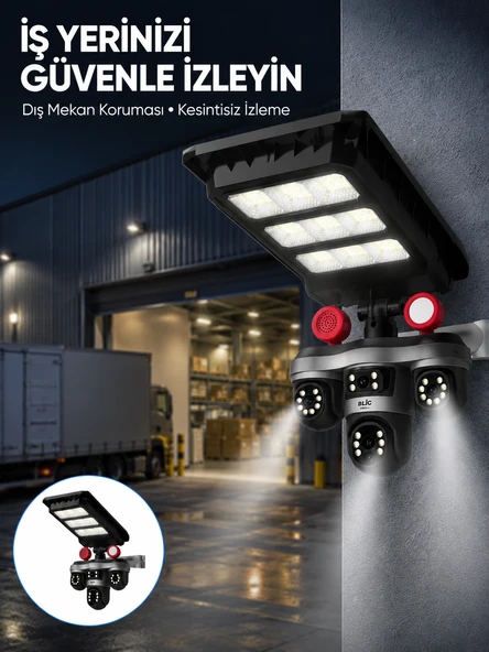 Solar Panelli 3 Lens Dış Mekan Güvenlik Kamerası Hareket Algılamalı LED Aydınlatmalı ürün görseli 1