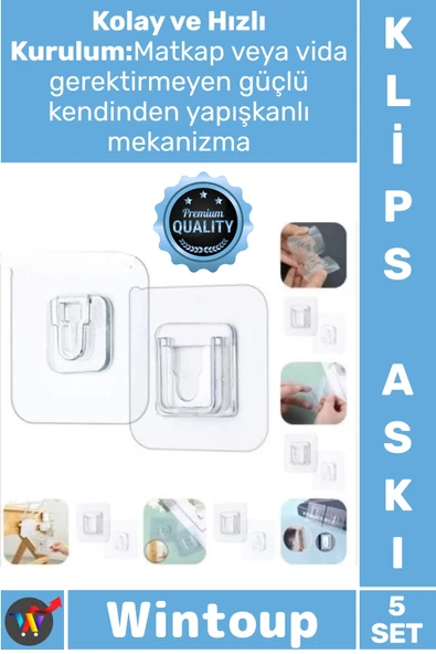 #AskıŞeffaf Yapışkanlı Çok Amaçlı Sağlam Duvar Montaj Ürün Geçmeli Klips Eşya Sabitleme Askısı 5 Set ürün görseli 1