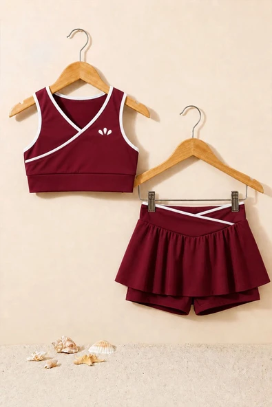 Kız Çocuk Sportif Bordo Renk Crop - Şort Etek Alt Üst - Takım ürün görseli 1