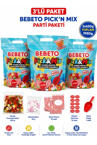 Bebeto Pick’n Mix Yumuşak Şeker ve Marshmallow Parti Seti 650 gr x 3 Adet ürün görseli 1