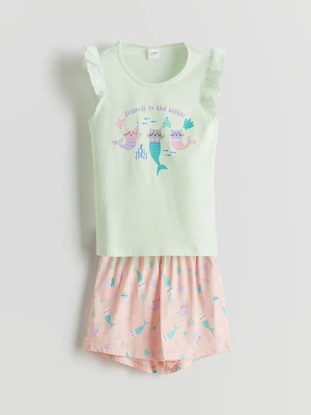 LCW Kids Yeşil Bisiklet Yaka Kız Çocuk Şortlu Pijama Takımı ürün görseli 1