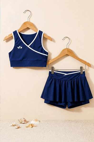 Kız Çocuk Sportif Lacivert Renk Crop - Şort Etek Alt Üst - Takım ürün görseli 1