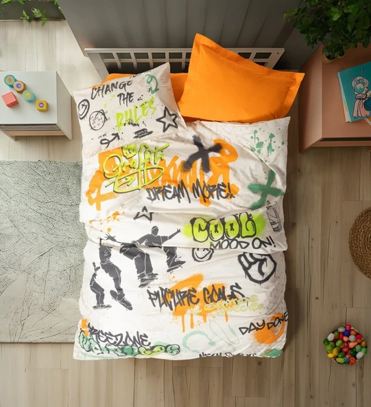Cotton Box Junior Nevresim Takımı Tek Kişilik Graffiti Oranj ürün görseli 1