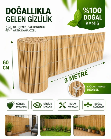 POLYBOTUM Premium Doğal Kamış Hasır Balkon Çiti 60x300 cm | Sık Dokuma | Dayanıklı | Bahçe, Teras ve Balkon İçin Dekoratif Gizlilik Çiti ürün görseli 1