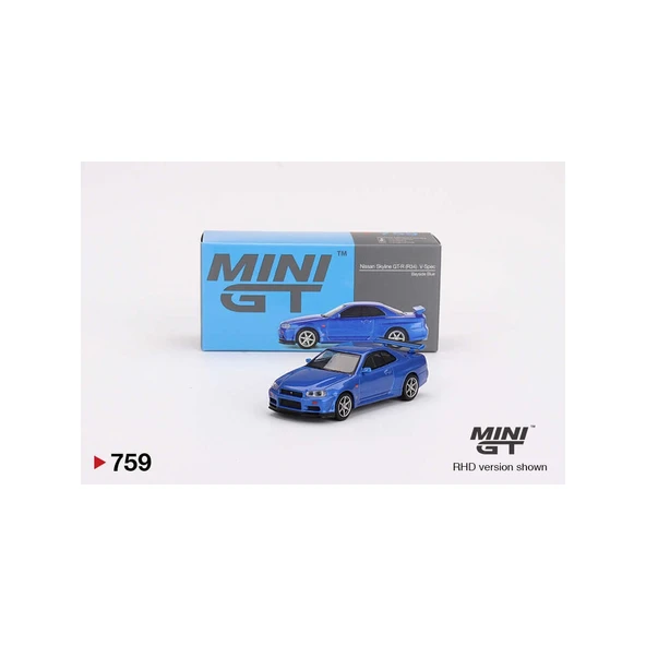 Mini GT 1:64 Nissan Skyline GT-R (R34) V-Spec Bayside Blue ürün görseli 1