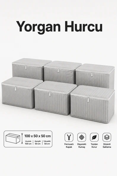 Hurç Seti Fermuarlı Yorgan Battaniye Kıyafet Saklama Hurcu Çizgili Baza Altı Dolap İçi Organizer 6'lı ürün görseli 1