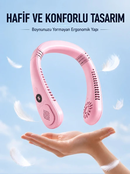 Pembe Boyun Tipi Fan USB Şarjlı Hafif Tasarım Güçlü Hava Üflemeli Serinletici ürün görseli 1