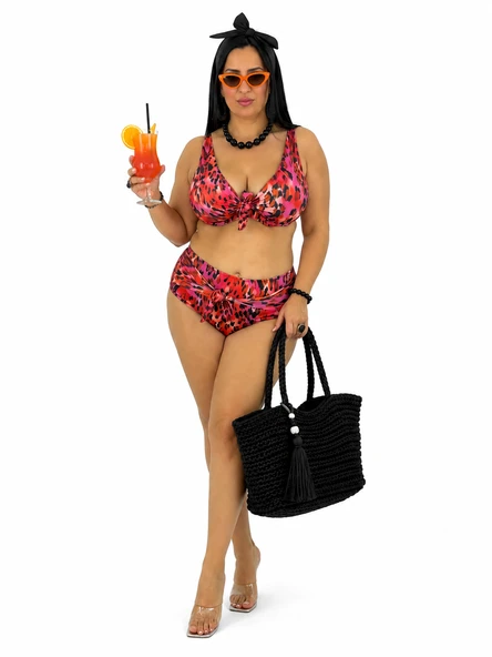 Büyük Beden Bağcık Detaylı Leopar Desenli Yüksek Bel Kadın Bikini Takımı ürün görseli 1