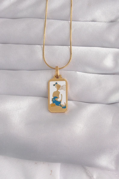 316L Çelik Gold Renk Beyaz Mineli Kız Figür Tarot Kolye ürün görseli 1