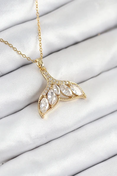 316L Çelik Zirkon Taşlı Balık Kuyruğu Model Gold Renk Kadın Kolye ürün görseli 1