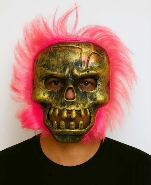 Wild Skull - Bakır Kafatası Pembe Saçlı İskelet Maske ürün görseli 1