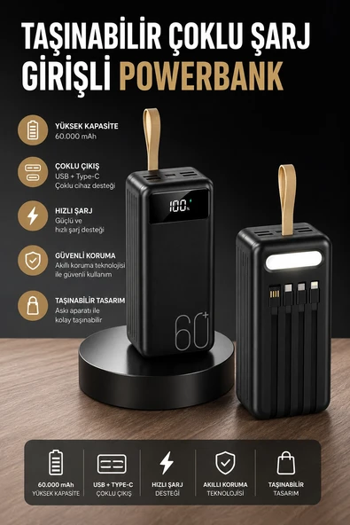 Powerbank 60.000 MAH 4 Portlu Uzun Şarj Süreli Dijital Göstergeli ürün görseli 1