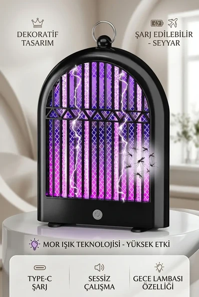 Gece Lambalı Şarjlı Sinek Öldürücü Mor Işıklı Sivrisinek Tuzağı Dekoratif Model Ürün ürün görseli 1