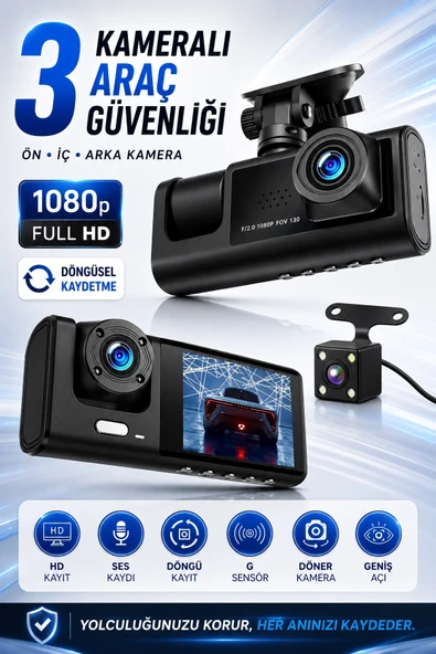 C309 Tipi 3 Kameralı LCD Ekran Araç Kamerası Hareket Sensörlü Gece Görüşlü G Sensörlü ürün görseli 1
