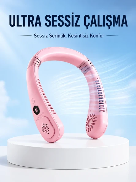 Pembe Şarjlı Boyun Fanı 5 Kademeli Hız Ayarlı Taşınabilir Boyun Tipi Fan ürün görseli 1