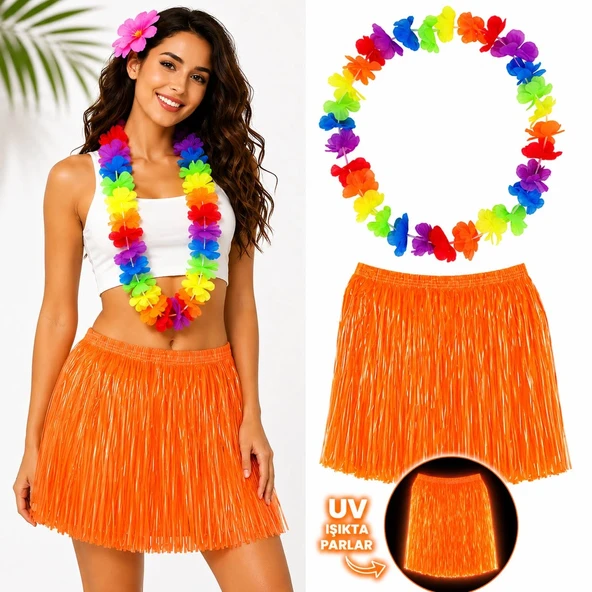 Neon Turuncu Hawaii Etek 40 cm ve Rengarenk Hawaii Kolye ürün görseli 1