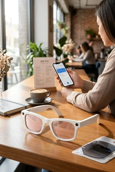 Beyaz Çerçeveli Akıllı Gözlük Fotoğraf Video Ses Kaydı Bluetooth Bağlantılı ürün görseli 1