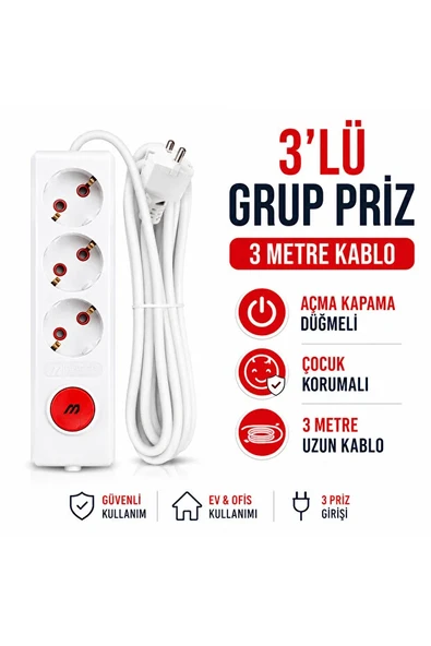 3’lü Grup Priz 3 Metre Kablolu Düğmeli Çocuk Korumalı Uzatma Kablosu ürün görseli 1