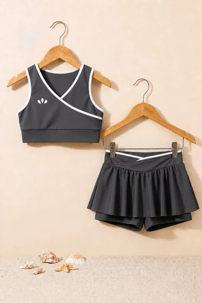 Kız Çocuk Sportif Gri Renk Crop - Şort Etek Alt Üst - Takım ürün görseli 1
